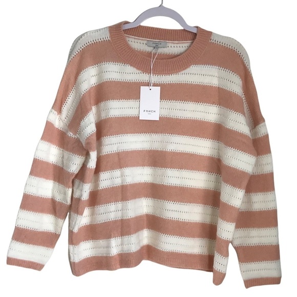FRNCH Paris  Long Sleeve Pullover Sweater Crew Neck Striped White/Tan SZ S/M - Picture 2 of 6